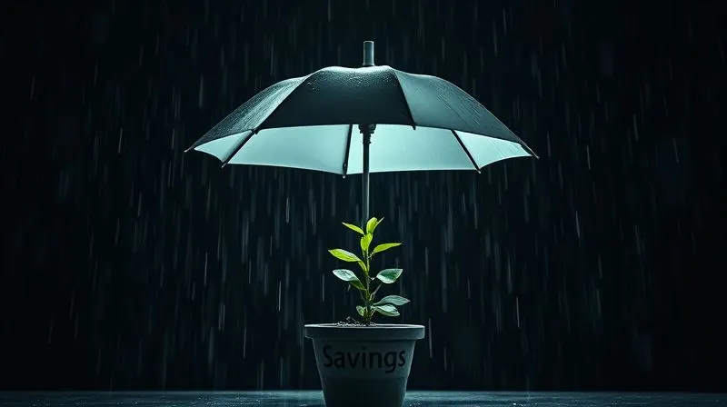 Photorealistic, professional photography, 8K, cinematic lighting, sharp focus, depth of field, shot on a high-end DSLR. A single, sturdy umbrella shielding a small, thriving plant from heavy, abstract rain droplets. The plant is in a pot labeled 'Savings'. The background is dark and stormy, symbolizing financial uncertainty, while the umbrella and plant are brightly lit, conveying protection and security.