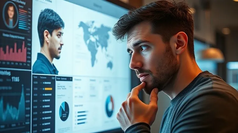 A photorealistic image of a highly detailed customer avatar profile on a digital screen, with various data points and psychological insights clearly visible. A thoughtful person is analyzing the screen with a focused expression. Cinematic lighting, sharp focus on the screen, 8K hyper-detailed, shot on a high-end DSLR.