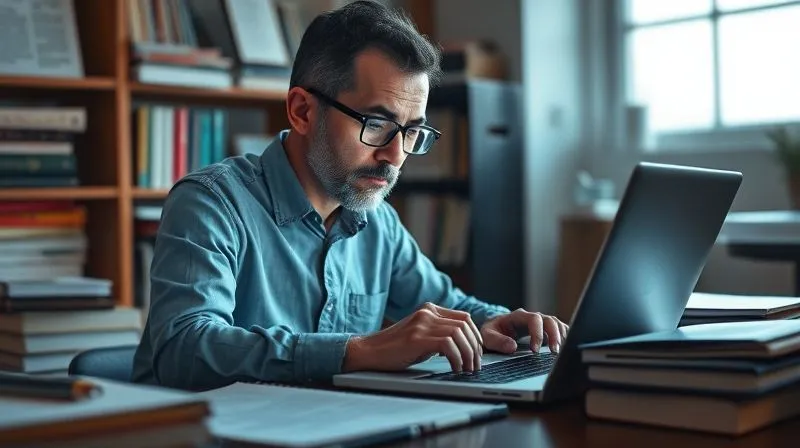 A photorealistic image of a thought leader writing an article on a laptop, surrounded by books and research papers, with a look of deep concentration. A subtle glow emanates from the screen, highlighting their expertise. Cinematic lighting, sharp focus on the person and laptop, 8K hyper-detailed, shot on a high-end DSLR.