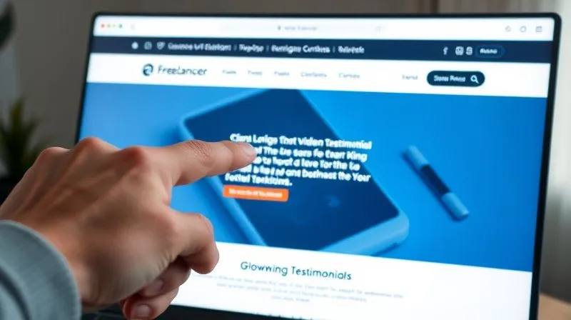 A photorealistic image of a freelancer's website showcasing prominent client logos and glowing video testimonials playing on a screen. A hand points to a particularly impressive testimonial. Cinematic lighting, sharp focus on the website content, 8K hyper-detailed, shot on a high-end DSLR.