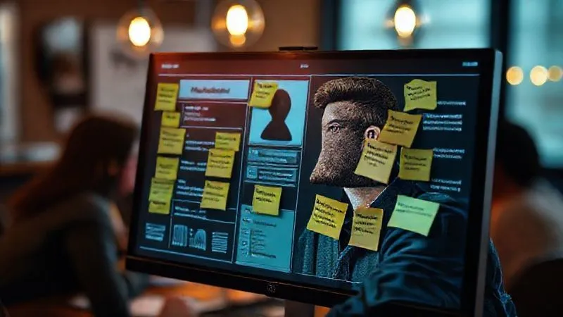 A photorealistic, professional photography image of a detailed customer persona profile on a digital screen, with sticky notes representing user needs, pain points, and goals surrounding it. Cinematic lighting, sharp focus on the persona details, depth of field blurring a brainstorm session in the background. 8K hyper-detailed, shot on a high-end DSLR.