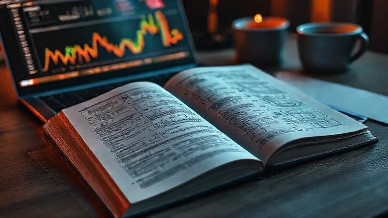 A photorealistic image of a highly detailed, open notebook with intricate handwritten notes, diagrams, and highlighted sections, surrounded by a laptop displaying complex data visualizations and a coffee cup. The scene is bathed in warm, cinematic lighting, emphasizing deep thought and valuable insights. Sharp focus on the notebook, depth of field blurring the background. 8K hyper-detailed, professional photography, shot on a high-end DSLR.