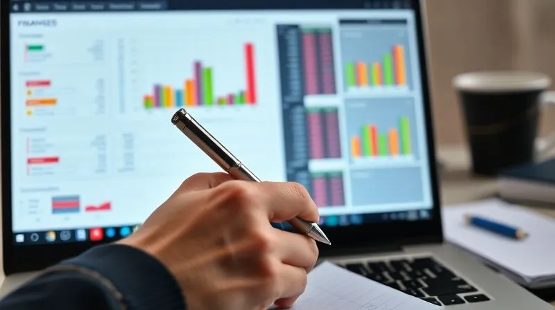 A photorealistic image of a detailed financial spreadsheet on a computer screen, with colorful charts and graphs showing income vs. expenses, focus on a hand holding a pen making notes. Cinematic lighting, 8K, sharp focus, depth of field. Shot on a high-end DSLR.