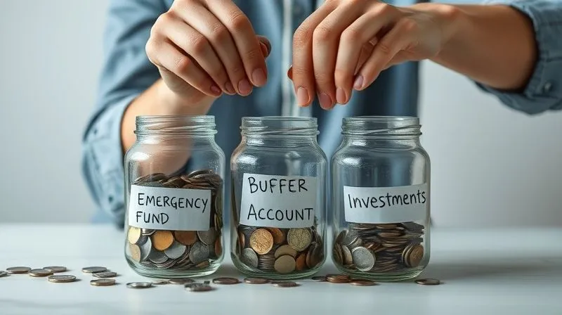 A photorealistic image of a person meticulously organizing coins and bills into three distinct glass jars labeled "Emergency Fund," "Buffer Account," and "Investments," against a clean, minimalist background. Cinematic lighting, 8K, sharp focus, depth of field. Shot on a high-end DSLR.