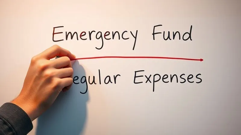A photorealistic image of a person's hand drawing a clear line between two distinct financial categories on a whiteboard: "Emergency Fund" and "Regular Expenses," emphasizing separation and strict rules. Cinematic lighting, 8K, sharp focus, depth of field. Shot on a high-end DSLR.