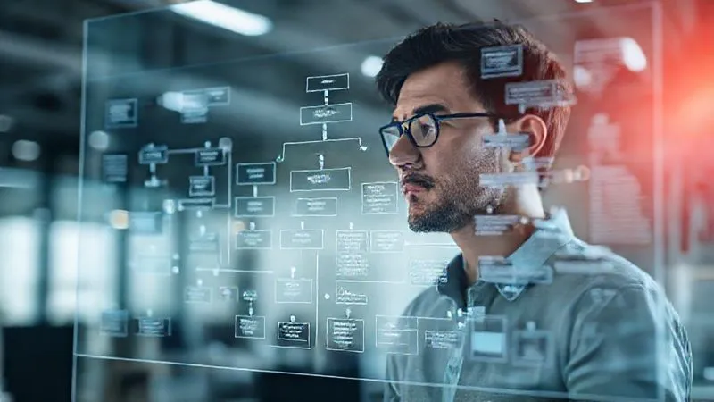 A photorealistic image of a freelancer looking at a complex but organized flowchart on a transparent digital screen, symbolizing efficient workflow and automated processes, with a serene expression. Cinematic lighting, sharp focus on the freelancer and the flowchart, depth of field blurring a modern office background. 8K hyper-detailed, shot on a high-end DSLR.
