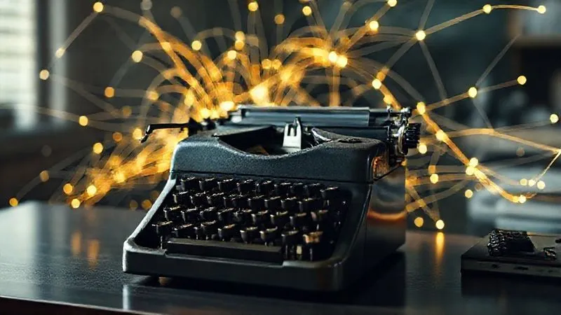 A photorealistic image of a vintage typewriter on a desk, with glowing digital lines emanating from it, extending towards a complex web of interconnected search engine results pages and user queries, symbolizing evergreen content and SEO. Cinematic lighting, sharp focus on the typewriter, depth of field blurring the background. 8K hyper-detailed, shot on a high-end DSLR.