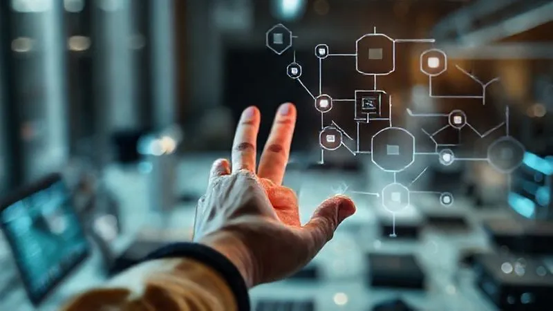 A photorealistic image of a freelancer's hand gracefully delegating a glowing digital task to a series of abstract, interconnected tools and automated systems, symbolizing efficiency and time-saving. Cinematic lighting, sharp focus on the hand and the digital elements, depth of field blurring a modern, uncluttered workspace. 8K hyper-detailed, shot on a high-end DSLR.