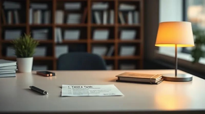 A photorealistic image of a minimalist desk with a single, glowing task list, representing clear prioritization amidst a blurred background of many demands. Cinematic lighting, sharp focus, 8K, shot on a high-end DSLR.