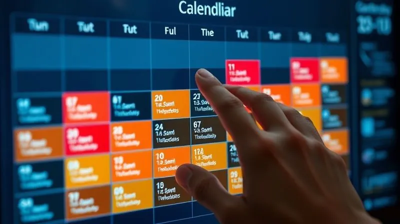 A photorealistic image of a detailed digital calendar on a screen, showing color-coded time blocks for different tasks, with a hand gently touching the screen. Cinematic lighting, sharp focus, 8K, shot on a high-end DSLR.