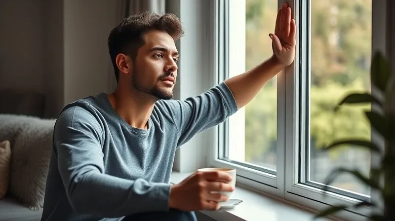A photorealistic image of a freelancer taking a mindful break, perhaps stretching or looking out a window, with a cup of tea, representing active recovery. Soft, natural light, sharp focus, 8K, shot on a high-end DSLR.