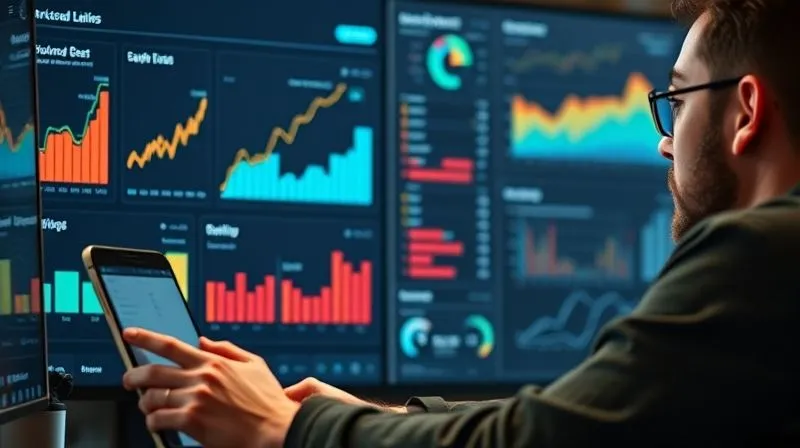 A photorealistic image of a freelancer reviewing a progress dashboard with charts and metrics, looking thoughtfully at the data, symbolizing continuous improvement. Digital interface, cinematic lighting, sharp focus, 8K, shot on a high-end DSLR.