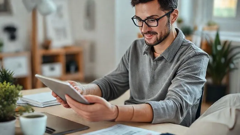 A photorealistic image of a freelancer meticulously organizing digital financial categories on a tablet, with a focused expression, surrounded by a calm, organized home office environment. Cinematic lighting, 8K hyper-detailed, professional photography, shot on a high-end DSLR.