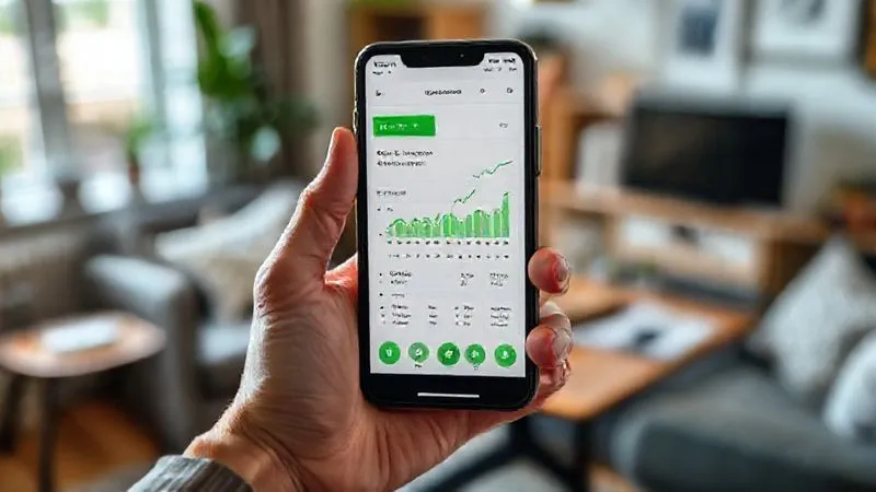 A photorealistic close-up of a hand holding a smartphone displaying a budget tracking app with positive green graphs, blurred background showing a comfortable home office. Cinematic lighting, 8K hyper-detailed, professional photography, shot on a high-end DSLR.