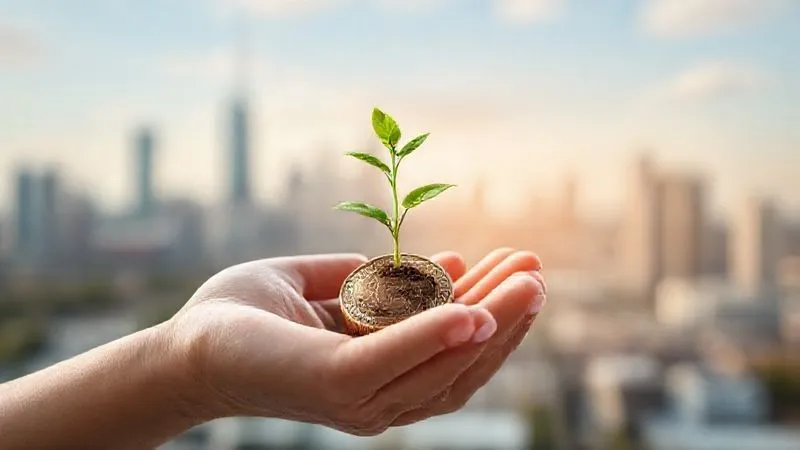 A photorealistic serene image of a person's hands gently holding a small, vibrant green plant growing from a coin, symbolizing financial growth and long-term investment. Soft, natural lighting, sharp focus on the plant and coin, depth of field blurring a distant, modern city skyline. 8K hyper-detailed, professional photography, shot on a high-end DSLR.