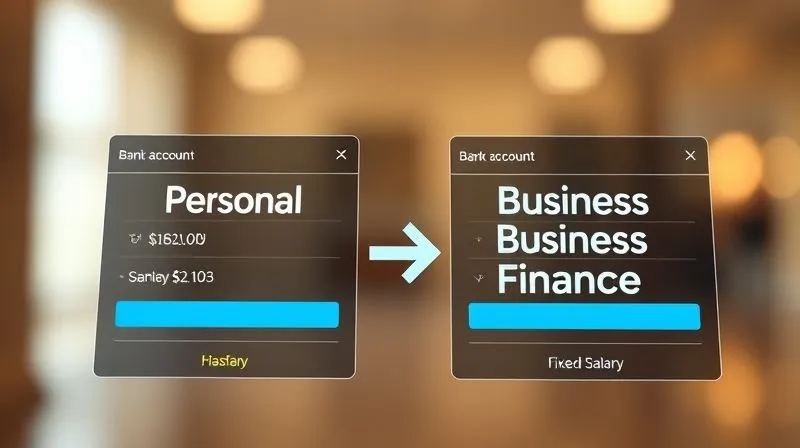 A photorealistic image of two distinct, clearly labeled bank accounts on a digital interface, one for 'Personal Finances' and one for 'Business Finances', with a seamless flow of a fixed 'salary' transfer between them. Clean, modern design, cinematic lighting, sharp focus on the account details, depth of field blurring the background, 8K hyper-detailed, professional photography, shot on a high-end DSLR.