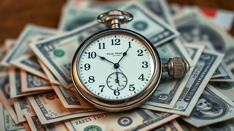A photorealistic image of a vintage pocket watch on a pile of various currency bills, with the hands of the watch pointing to a specific time, symbolizing the 'cost per hour' concept. Cinematic lighting, sharp focus on the watch and bills, depth of field blurring the background, 8K hyper-detailed, professional photography, shot on a high-end DSLR.