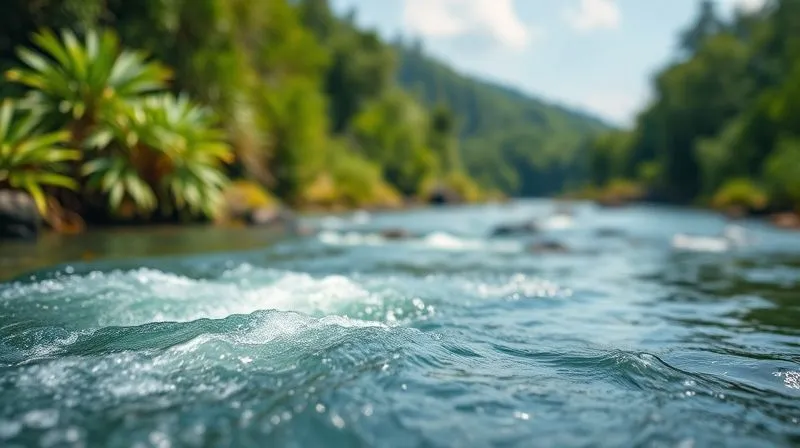 A photorealistic image of a lush, vibrant river with several smaller streams (afluentes) feeding into it, symbolizing diversified income streams. The water is clear and flowing, surrounded by green foliage. Cinematic lighting, sharp focus on the confluence of streams, depth of field blurring the distant landscape, 8K hyper-detailed, professional photography, shot on a high-end DSLR.