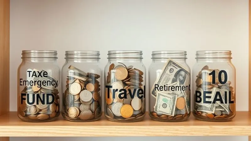A photorealistic image of several transparent glass jars, each labeled with a financial goal like 'Emergency Fund', 'Taxes', 'Travel', 'Retirement', and 'Buffer'. Coins and banknotes are visibly accumulating in each jar. The jars are neatly arranged on a minimalist wooden shelf in a bright, modern home office. Cinematic lighting, sharp focus on the jars and their contents, depth of field blurring the background. 8K hyper-detailed, professional photography.