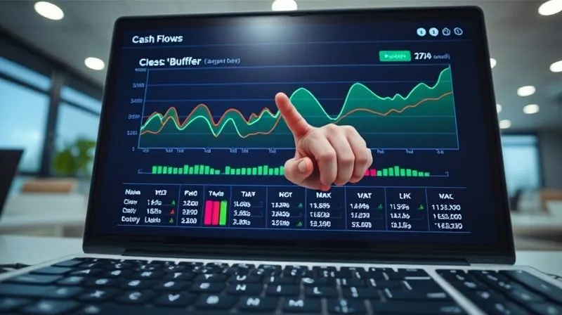 A photorealistic image of a digital dashboard displaying a cash flow forecast. The screen shows fluctuating income lines (green) and expense lines (red) over several months, with a clear 'buffer' bar (blue) maintaining a consistent level above the zero line. A hand points to a projected dip in income. The setting is a modern office, with cinematic lighting and sharp focus on the detailed financial graphics. Depth of field blurs a keyboard in the foreground. 8K hyper-detailed, professional photography.