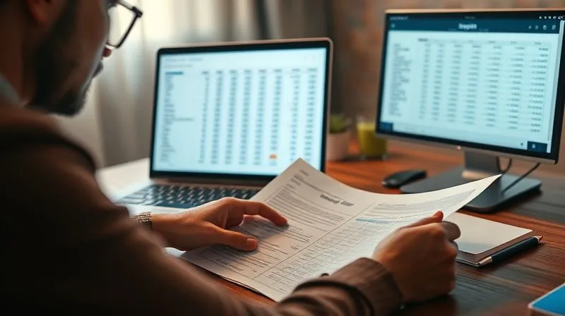A photorealistic image of a person, possibly a freelancer, thoughtfully reviewing financial documents and a laptop screen displaying a budget spreadsheet. There are notes and a pen on the desk. The atmosphere is calm and focused, with cinematic lighting highlighting the person's face and the documents. Sharp focus on the details of the spreadsheet and notes, depth of field blurring the background. 8K hyper-detailed, professional photography.