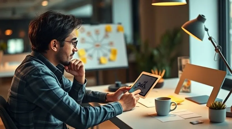 A photorealistic image of a thoughtful freelancer sitting at a modern desk, surrounded by sticky notes with ideas, a digital tablet displaying mind maps, and a coffee cup. Cinematic lighting highlights their focused expression, with a soft depth of field blurring the background. 8K hyper-detailed, professional photography.