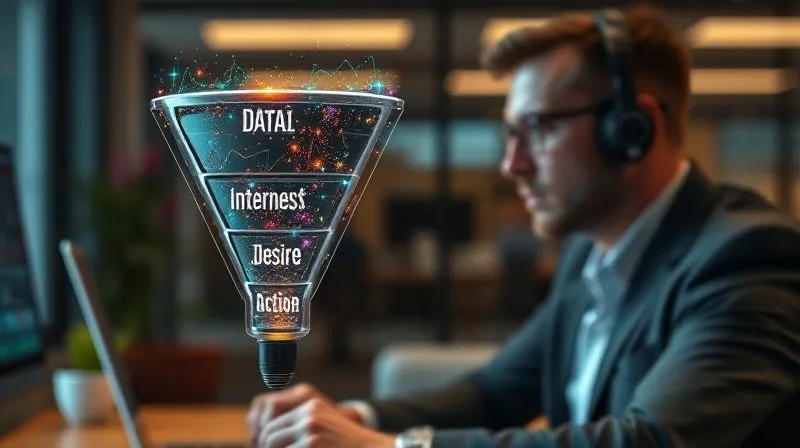 A photorealistic, professional photography, 8K, cinematic lighting, sharp focus, depth of field, shot on a high-end DSLR of a stylized digital marketing sales funnel, with glowing data flowing through different stages: awareness, interest, desire, action. The background is a blurred, modern office setting with a focused marketer. Emotional resonance: clarity, progression, strategic success.