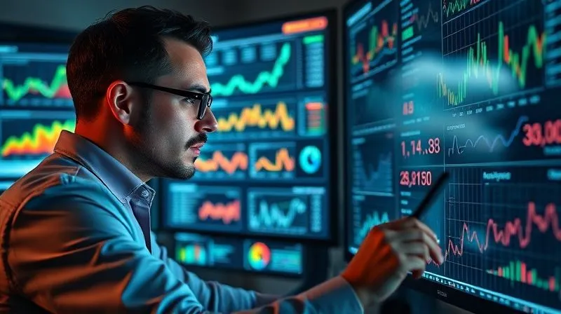 A photorealistic, professional photography, 8K, cinematic lighting, sharp focus, depth of field, shot on a high-end DSLR of a data analyst examining multiple screens displaying complex charts, graphs, and dashboards related to sales, churn rates, and customer lifetime value. The lighting is focused on the screens, reflecting on their glasses, indicating deep concentration. Emotional resonance: precision, insight, data-driven decision making.