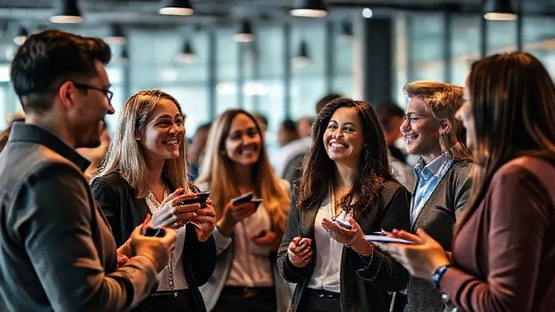 A photorealistic image of a diverse group of professionals (freelancers, entrepreneurs, small business owners) engaging in lively conversation at a modern, well-lit co-working space event. They are exchanging business cards and smiling, with a sense of collaboration and mutual support. Cinematic lighting, sharp focus on the interactions, depth of field blurring the background into a vibrant, professional setting. 8K hyper-detailed, professional photography, shot on a high-end DSLR.