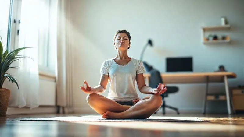 A photorealistic image of a freelancer practicing mindfulness meditation in a serene home office setting. Sunlight streams through a window, illuminating the person sitting cross-legged on a yoga mat, eyes closed, with a calm expression. A subtle, soft glow surrounds them, indicating peace. In the background, a neatly organized desk with a laptop is visible but blurred, symbolizing the balance between work and well-being. Professional photography, 8K, cinematic lighting, sharp focus on the person, depth of field. Shot on a high-end DSLR.