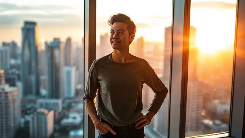 A photorealistic image of a freelancer, with a confident and serene expression, standing at a large window overlooking a vibrant cityscape at sunrise. The person is looking out, one hand on their hip, symbolizing a sense of accomplishment and future possibilities. The office space behind them is modern and clean, suggesting order and control. Golden cinematic light bathes the scene, highlighting hope and new beginnings. Sharp focus on the freelancer, depth of field blurring the city. 8K hyper-detailed, professional photography, shot on a high-end DSLR.