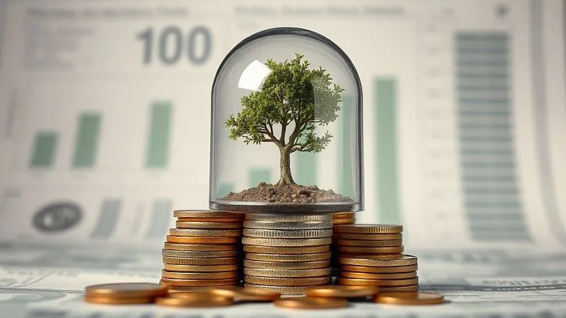 Photorealistic image of a stack of coins growing into a small tree, with a protective glass dome over it, symbolizing a secure emergency fund. Cinematic lighting, sharp focus on the coins and tree, depth of field blurring a background of financial documents. 8K, professional photography, shot on a high-end DSLR.