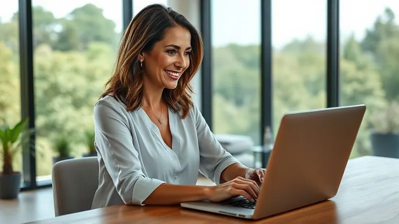 Photorealistic image of a woman, Mariana, in her 40s, looking confidently at a laptop displaying a growing investment portfolio chart. She is smiling, sitting in a modern home office with large windows overlooking a green landscape. Cinematic lighting, sharp focus on her and the screen, depth of field blurring the background. 8K, professional photography, shot on a high-end DSLR.