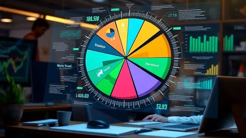 Photorealistic image of a complex financial pie chart, vibrant and colorful, showing different asset classes (stocks, bonds, real estate, international) in balanced proportions. The chart is holographic, projected above a desk where a freelancer is working. Cinematic lighting, sharp focus on the chart, depth of field blurring the freelancer slightly. 8K, professional photography, shot on a high-end DSLR.