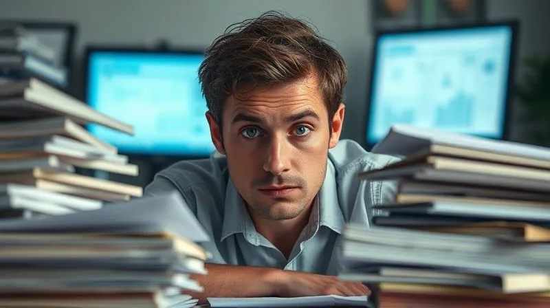 A photorealistic image of a freelancer looking overwhelmed at a cluttered desk, surrounded by stacks of papers and open laptop screens, with a distressed expression. Cinematic lighting, sharp focus on the freelancer's face, depth of field blurring the background, 8K hyper-detailed, shot on a high-end DSLR.