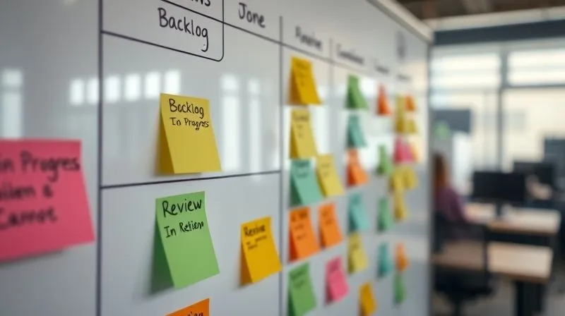 A photorealistic close-up of a neat and organized physical Kanban board on a whiteboard, with colorful sticky notes representing tasks in columns like 'Backlog', 'To Do', 'In Progress', 'Review', and 'Done'. Sharp focus on the sticky notes, cinematic lighting, depth of field blurring a background office, 8K hyper-detailed, shot on a high-end DSLR.