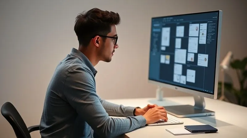 A photorealistic image of a calm and focused freelancer sitting at a clean desk, looking at a digital Kanban board on a large monitor. The freelancer is making a thoughtful decision, with a sense of control and clarity. Cinematic lighting, sharp focus on the monitor and freelancer's face, depth of field blurring the background, 8K hyper-detailed, shot on a high-end DSLR.