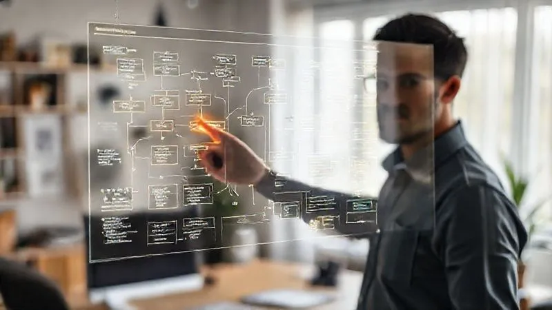A photorealistic image of a freelancer pointing at a complex flowchart diagram on a transparent screen, highlighting bottlenecks and potential automation points with glowing lines. The background is a modern, organized home office. Cinematic lighting, sharp focus on the diagram and hand, depth of field. 8K hyper-detailed.