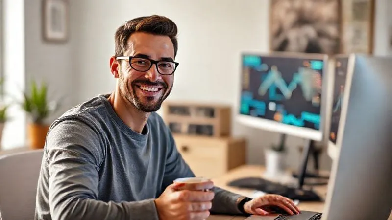 A photorealistic image of a freelancer, perhaps a man, smiling genuinely while enjoying a cup of coffee in a bright, modern home office. His desk is impeccably organized, and a subtle, glowing data visualization is visible on a monitor in the background, implying successful automation and work-life balance. Cinematic lighting, sharp focus on the freelancer's face, depth of field. 8K hyper-detailed.
