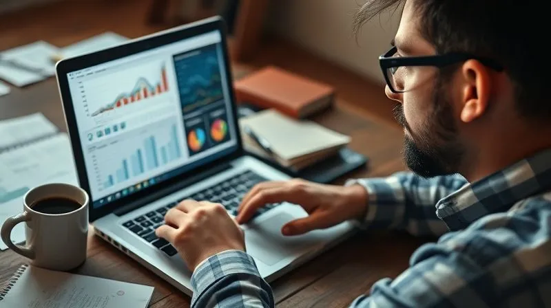 A photorealistic image of a freelancer diligently researching market data on a laptop, surrounded by scattered notes and a cup of coffee. The screen shows graphs and competitor analysis, with a focused expression on the freelancer's face. Cinematic lighting highlights the analytical process, depth of field blurs the background slightly. 8K hyper-detailed, professional photography, shot on a high-end DSLR.