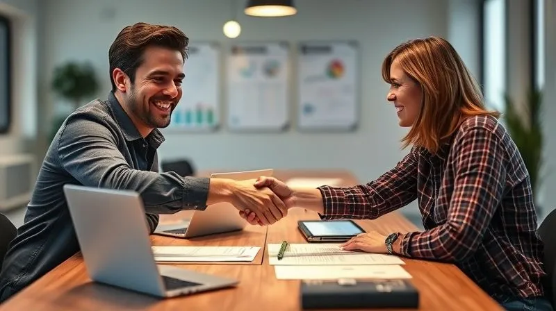 A photorealistic image of a freelancer and a client shaking hands warmly across a modern desk, both smiling genuinely. The background shows a collaborative workspace with project charts subtly visible. Cinematic lighting emphasizes the positive human connection and mutual respect. Sharp focus on the handshake, depth of field blurring the office environment. 8K hyper-detailed, professional photography, shot on a high-end DSLR.