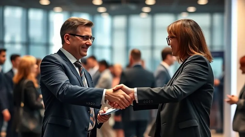 A photorealistic image of two professionals shaking hands confidently in a modern, well-lit networking event, surrounded by blurred figures. The handshake is central, symbolizing strategic connection. Professional photography, 8K, cinematic lighting, sharp focus on the handshake, depth of field.