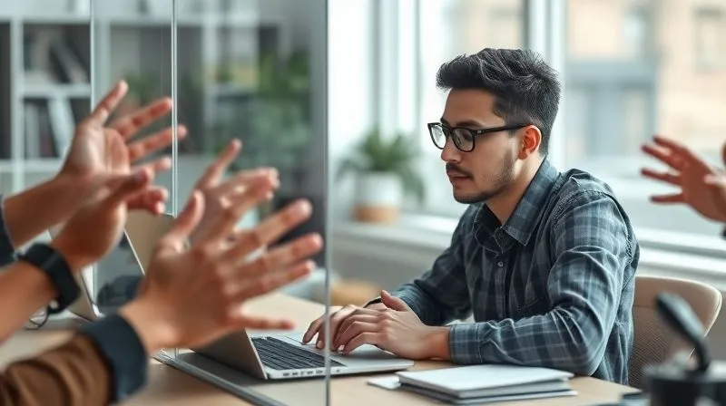 A photorealistic image of a strong, transparent glass barrier or shield protecting a focused freelancer at their desk from chaotic, demanding hands reaching in from the background. The freelancer is calm and productive. Professional photography, 8K, cinematic lighting, sharp focus on the barrier and freelancer, depth of field.