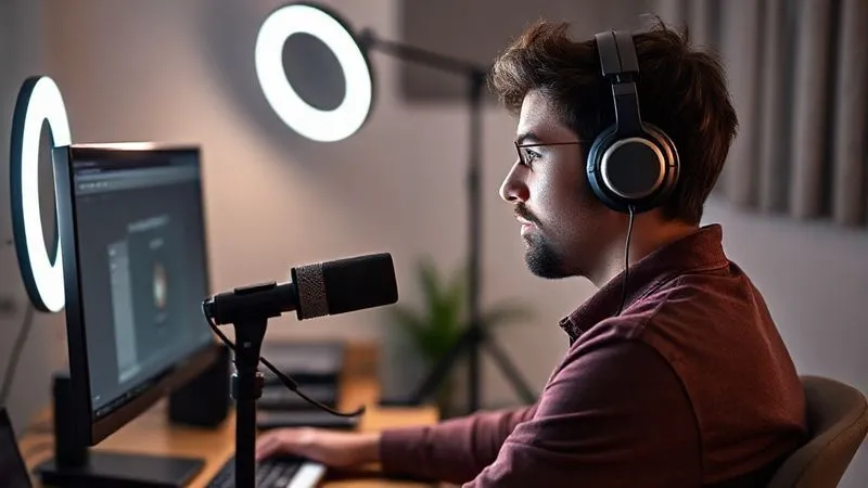 A photorealistic image of a home studio setup for online course creation. A person (gender neutral) is sitting in front of a computer screen, wearing headphones with a professional microphone positioned correctly. A ring light illuminates their face, and a clean, minimalist background is visible. The scene has cinematic lighting, sharp focus on the person and equipment, with a shallow depth of field. 8K hyper-detailed, professional photography, shot on a high-end DSLR.
