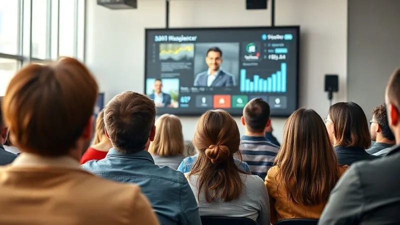 A photorealistic image of a diverse group of people, representing an online audience, eagerly watching a webinar on a large projection screen. The presenter, a confident freelancer, is visible on a smaller screen, engaging with the audience. The setting is modern and dynamic, with data analytics dashboards subtly visible in the background, suggesting strategic marketing. Cinematic lighting, sharp focus on the audience's engaged faces, depth of field blurring the background. 8K hyper-detailed, professional photography, shot on a high-end DSLR.