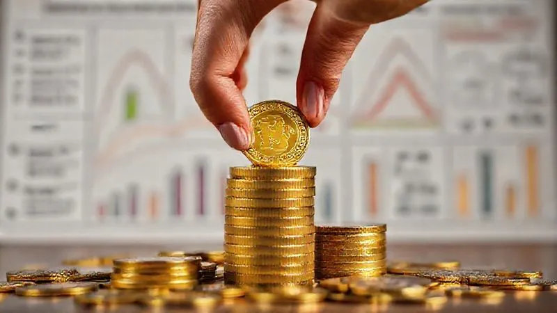 A photorealistic image of a hand placing a golden coin on a stack of coins, symbolizing smart pricing strategy. The background shows a blurry diagram of value propositions and market segments, suggesting careful planning. The scene has soft, cinematic lighting, sharp focus on the coins and hand, with a shallow depth of field. 8K hyper-detailed, professional photography, shot on a high-end DSLR.