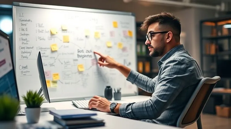 A photorealistic image of a freelancer sitting at a desk, surrounded by a whiteboard filled with sticky notes and flowcharts, illustrating a complex web of daily tasks. The freelancer is pointing at a specific bottleneck in a workflow, looking thoughtful and strategic. Cinematic lighting, sharp focus on the whiteboard and the freelancer, depth of field blurring the background office, 8K hyper-detailed, shot on a high-end DSLR.