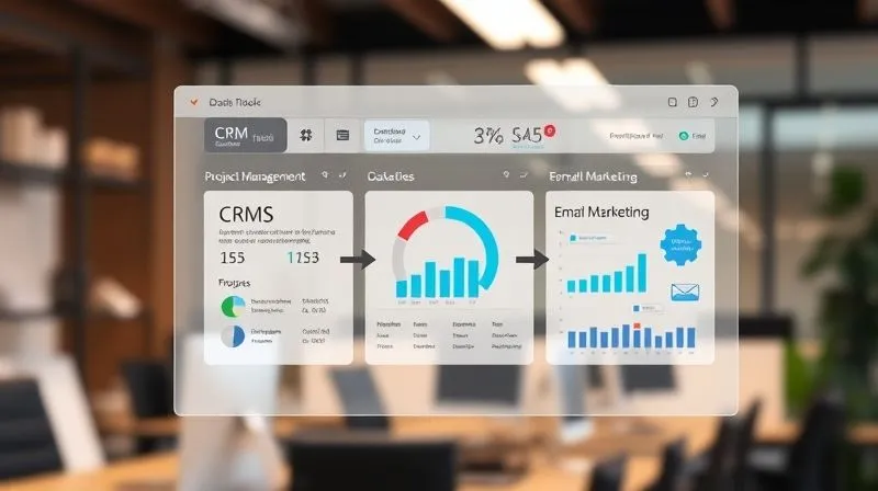 A photorealistic image of a seamless digital dashboard showing various integrated SaaS tools (CRM, project management, email marketing) with arrows indicating automated data flow between them. The interface is clean, modern, and intuitive. Cinematic lighting, sharp focus on the dashboard elements, depth of field blurring a background office, 8K hyper-detailed, shot on a high-end DSLR.