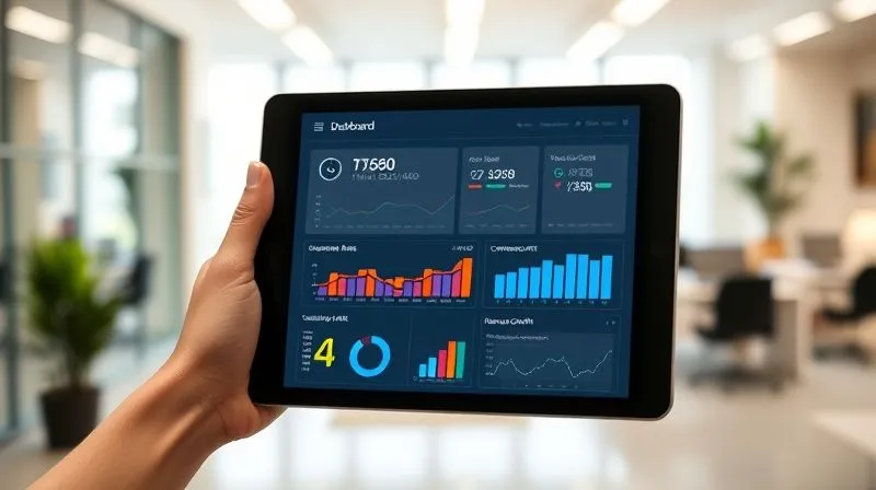 A photorealistic image of a hand holding a tablet displaying a clear, modern dashboard with various charts and graphs, showing positive trends in 'Time Saved,' 'Conversion Rate,' and 'Revenue Growth.' The background is a slightly blurred, bright office space. Cinematic lighting, sharp focus on the tablet screen, depth of field blurring the background, 8K hyper-detailed, shot on a high-end DSLR.