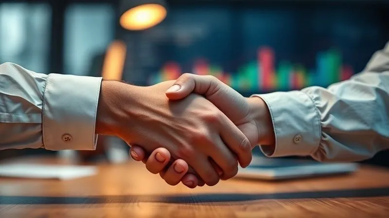 A photorealistic image of a client and a freelancer shaking hands firmly over a desk, with a blurred project timeline visible in the background, symbolizing trust and a strong working relationship. The focus is sharp on their hands, with cinematic lighting. 8K hyper-detailed, professional photography, depth of field, shot on a high-end DSLR.